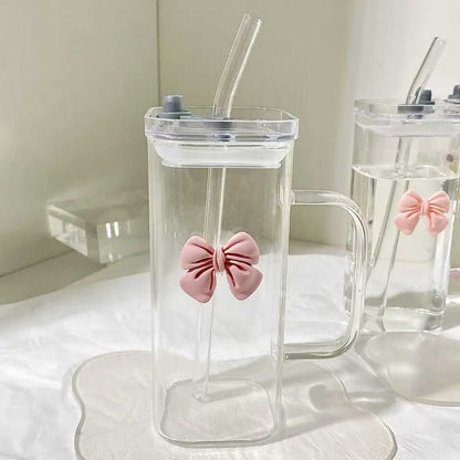 Clear Bow Glass With Lid And Straw